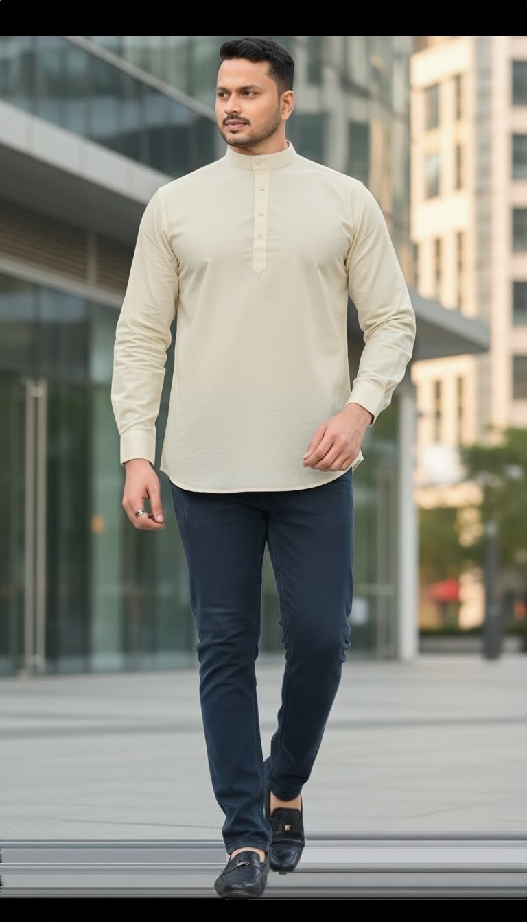 SKYREX MENS CREAM WHITE COTTAN KURTA SHIRT